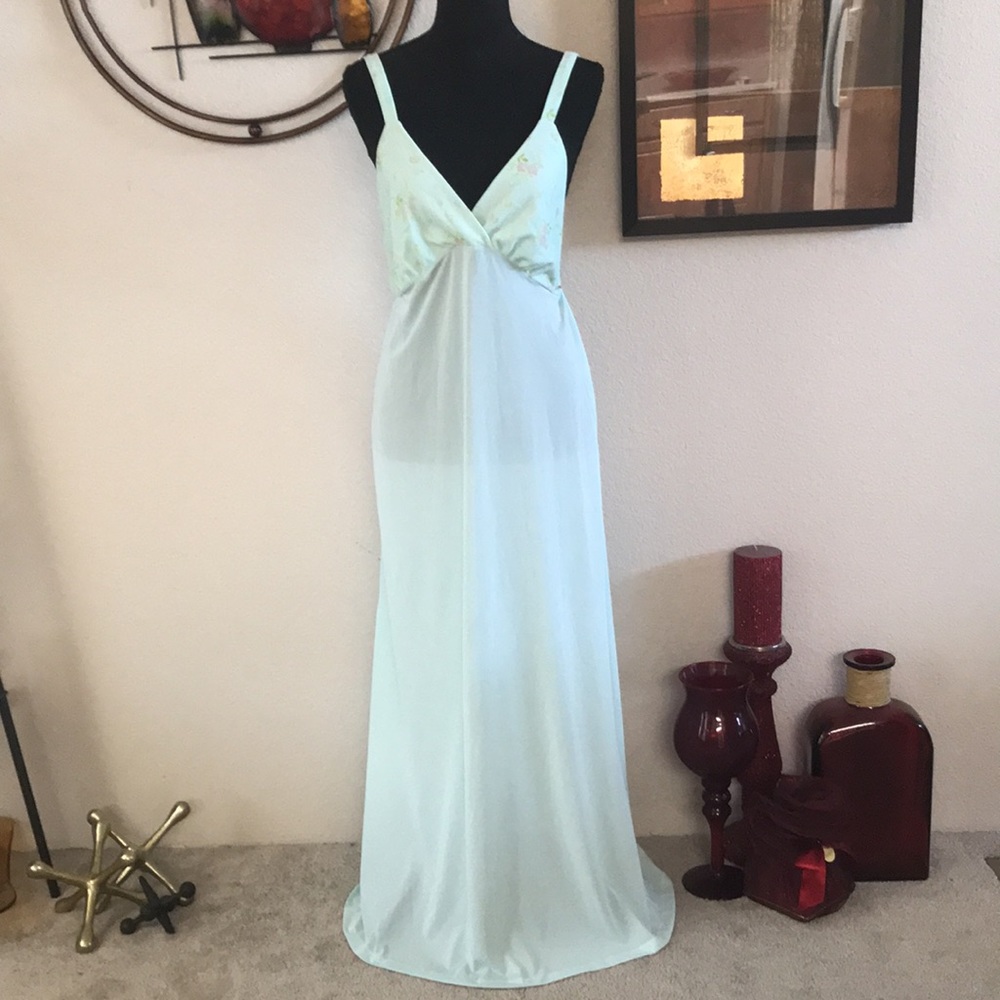 Vintage Sears Mint Green Maxi Long Nightgown Full Slip Dress Lingerie